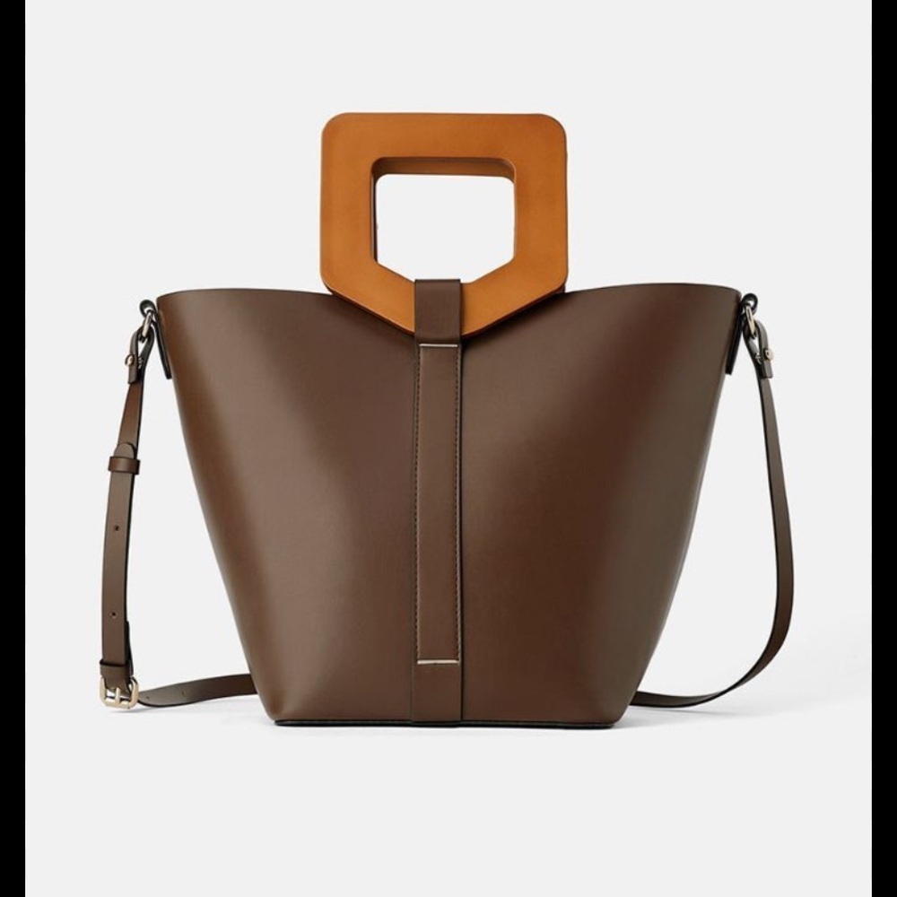 Zara rigid shopper bag square wooden handle spring boho designer resort casual